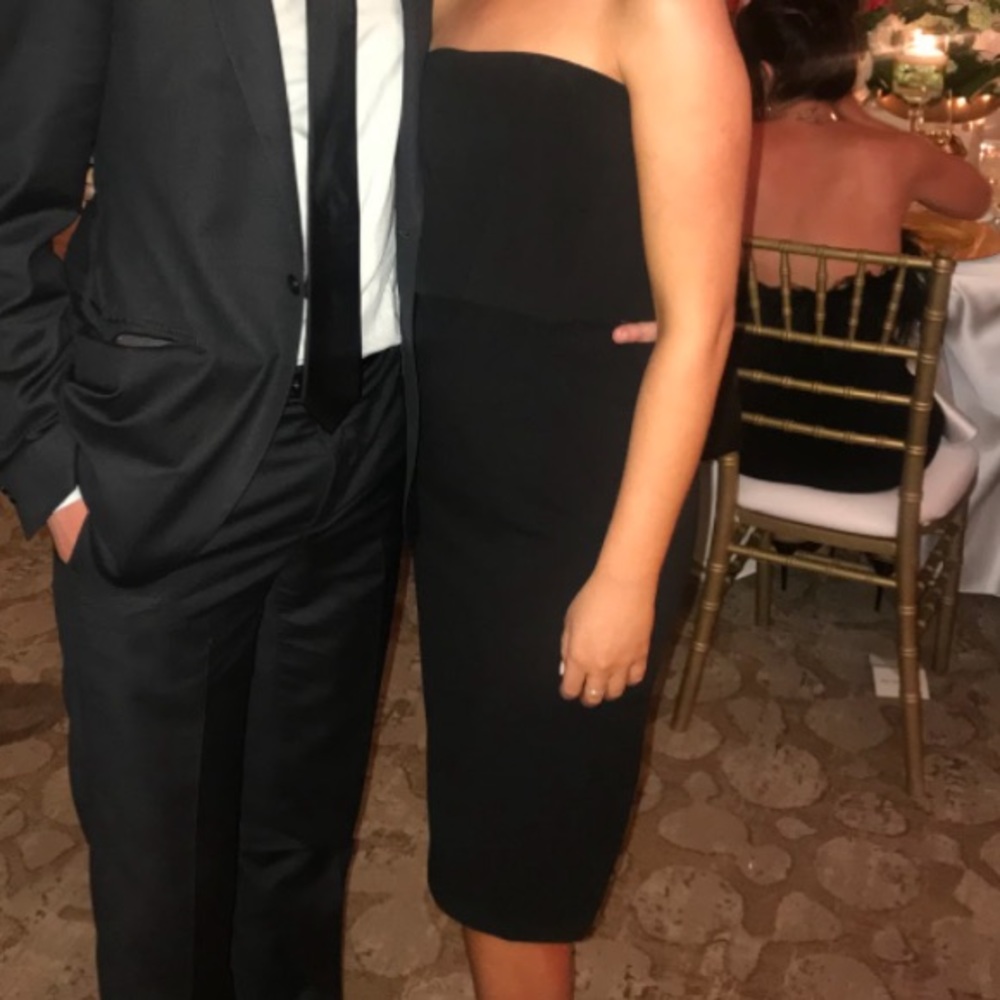 Lulu’s black strapless cocktail midi dress
